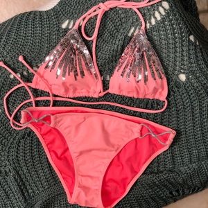 VICTORIA’S SECRET coral/pink bikini-silver sequins